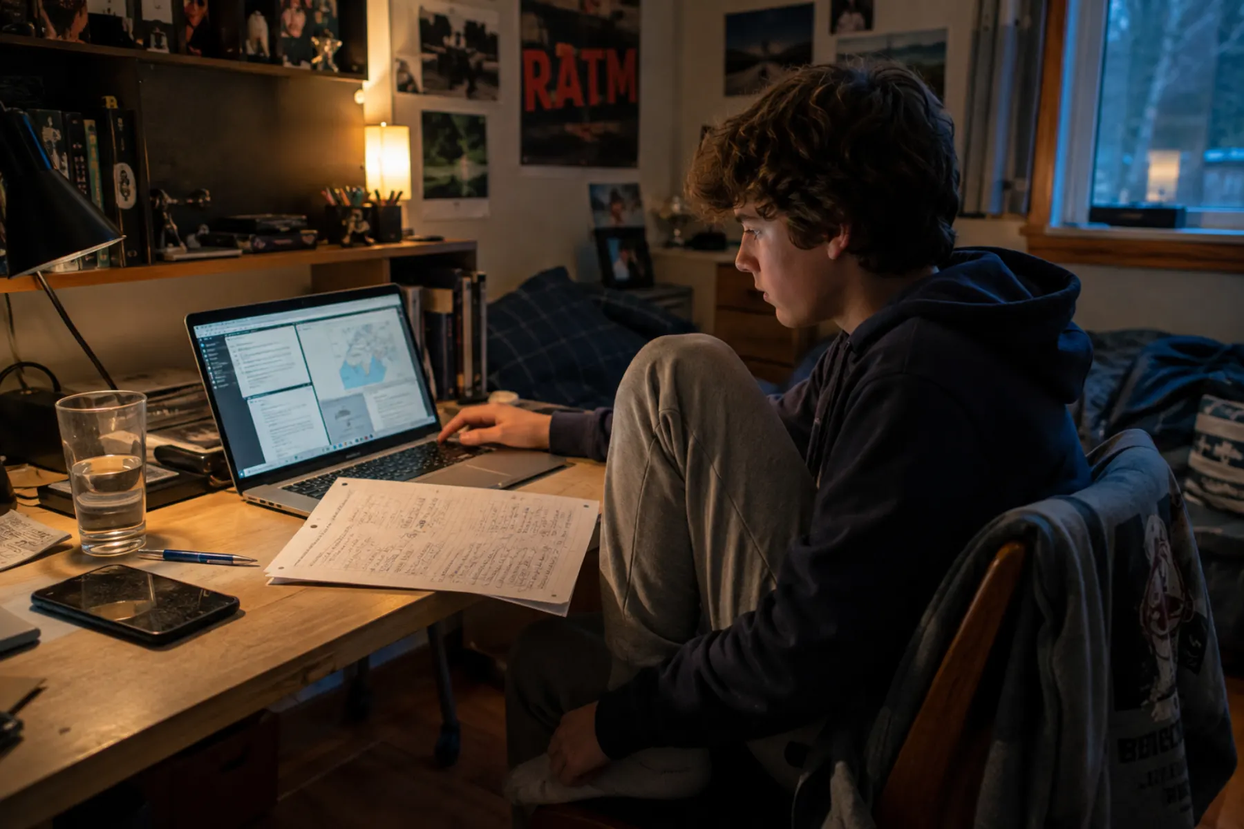 Un adolescent travaille à son bureau dans sa chambre.