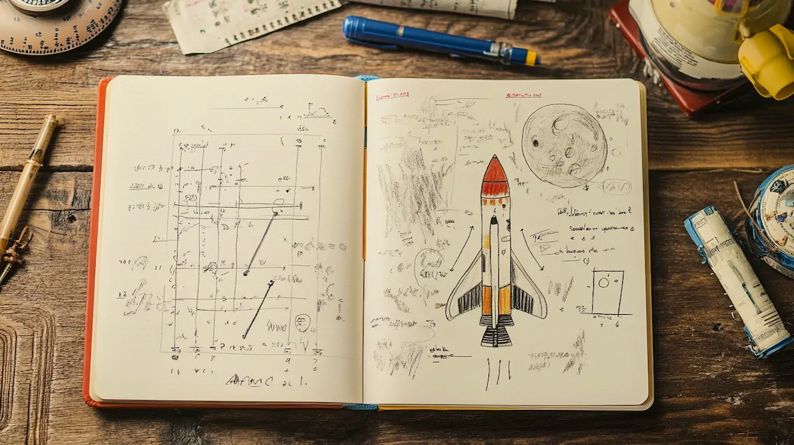 Un carnet ouvert montre les plans dessinés d'une fusée.