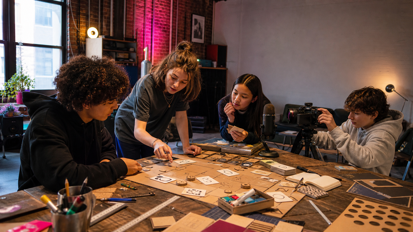 Quatre jeunes fabriquent et testent un jeu autour d'une grande table à L'Atelier.