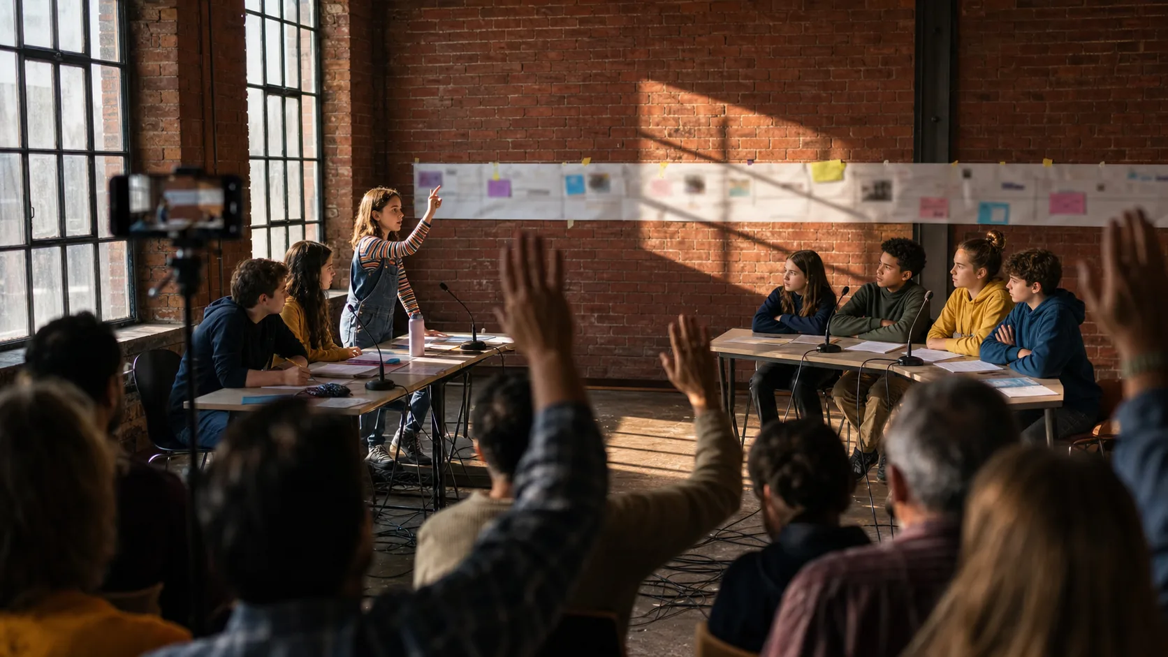 Une jeune présente son travail devant un groupe qui participe au vote.