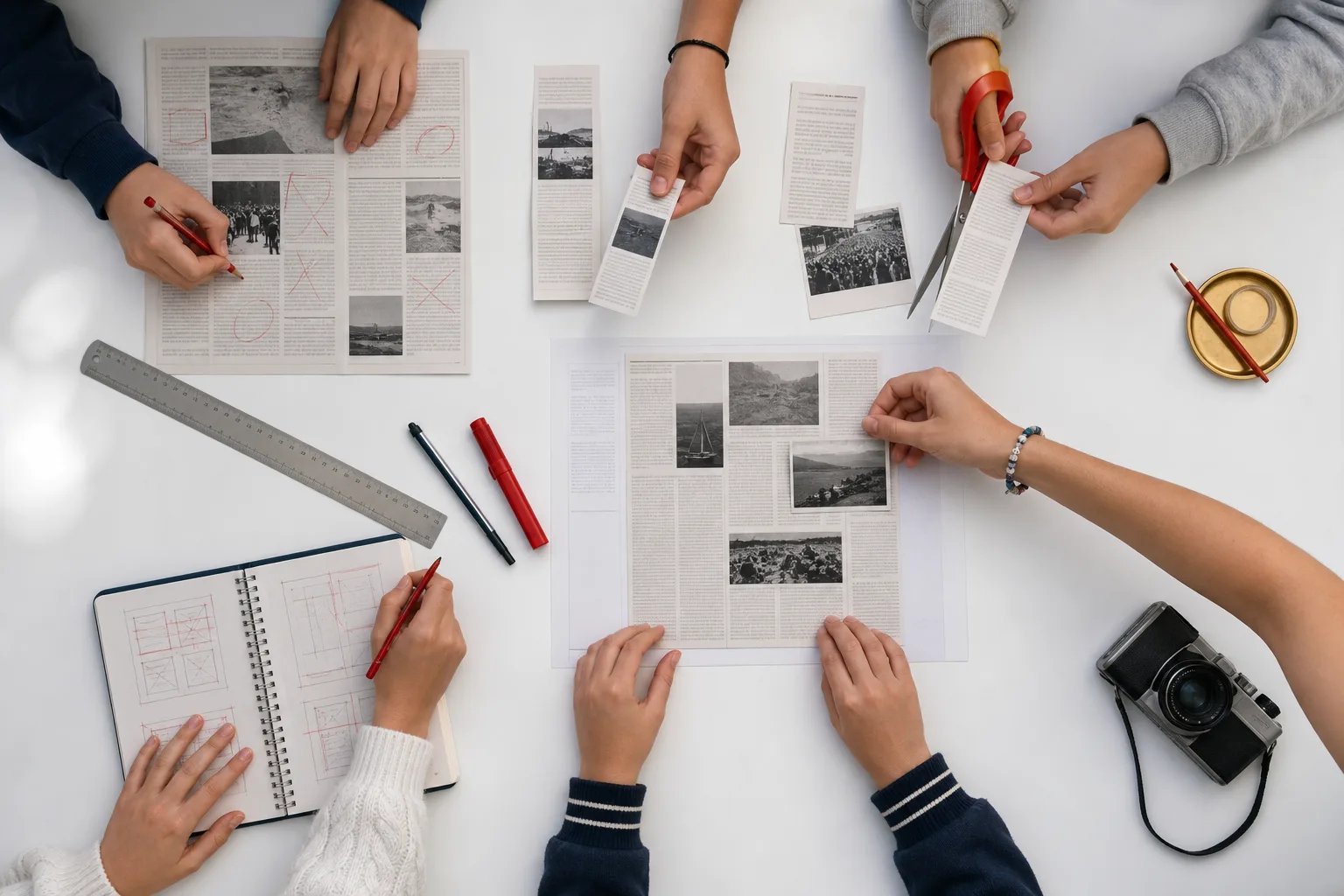 Des jeunes construisent la maquette d'un journal autour d'une table.
